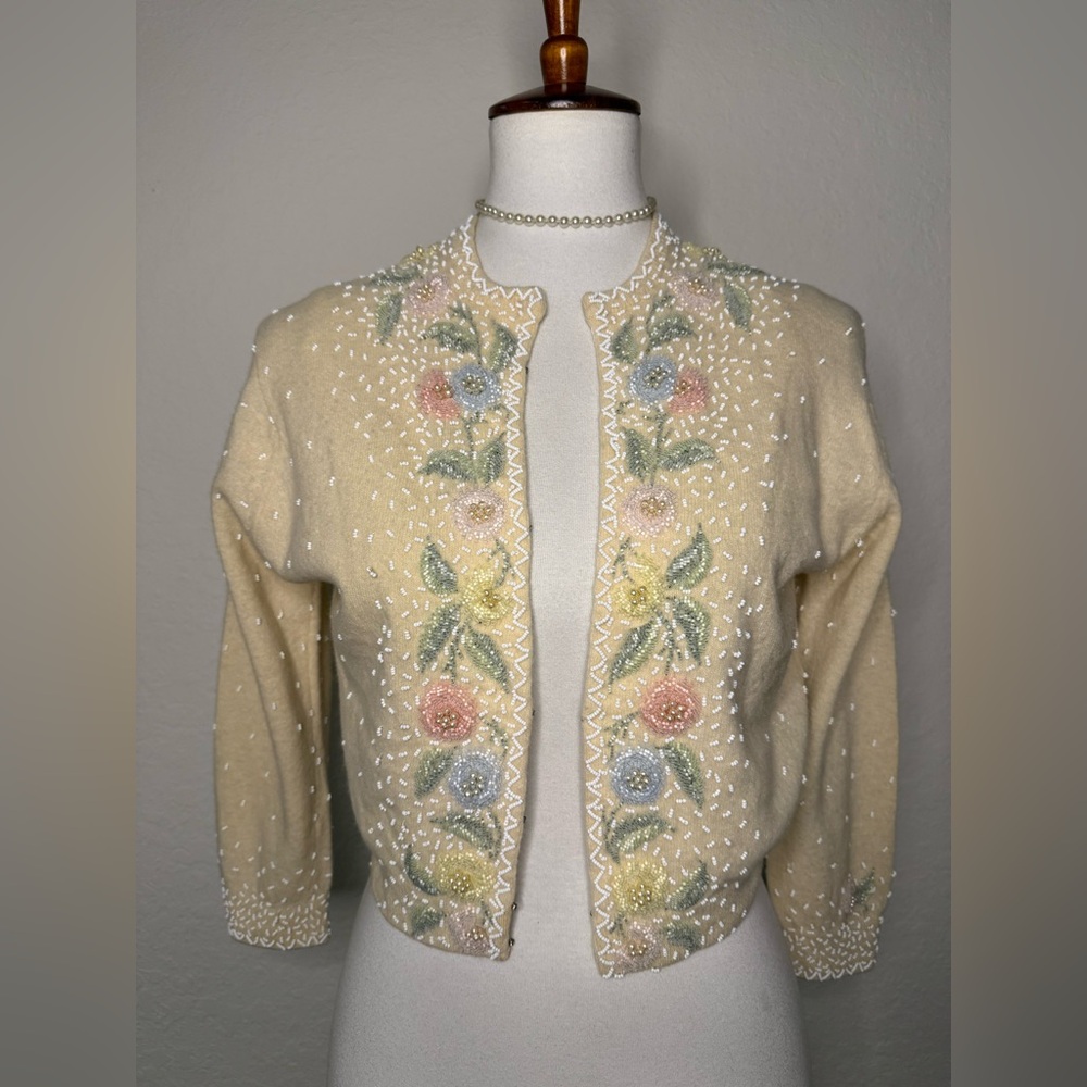 Rare Vintage 1940’s Lambswool Angora Handbeaded Cardigan Sweater